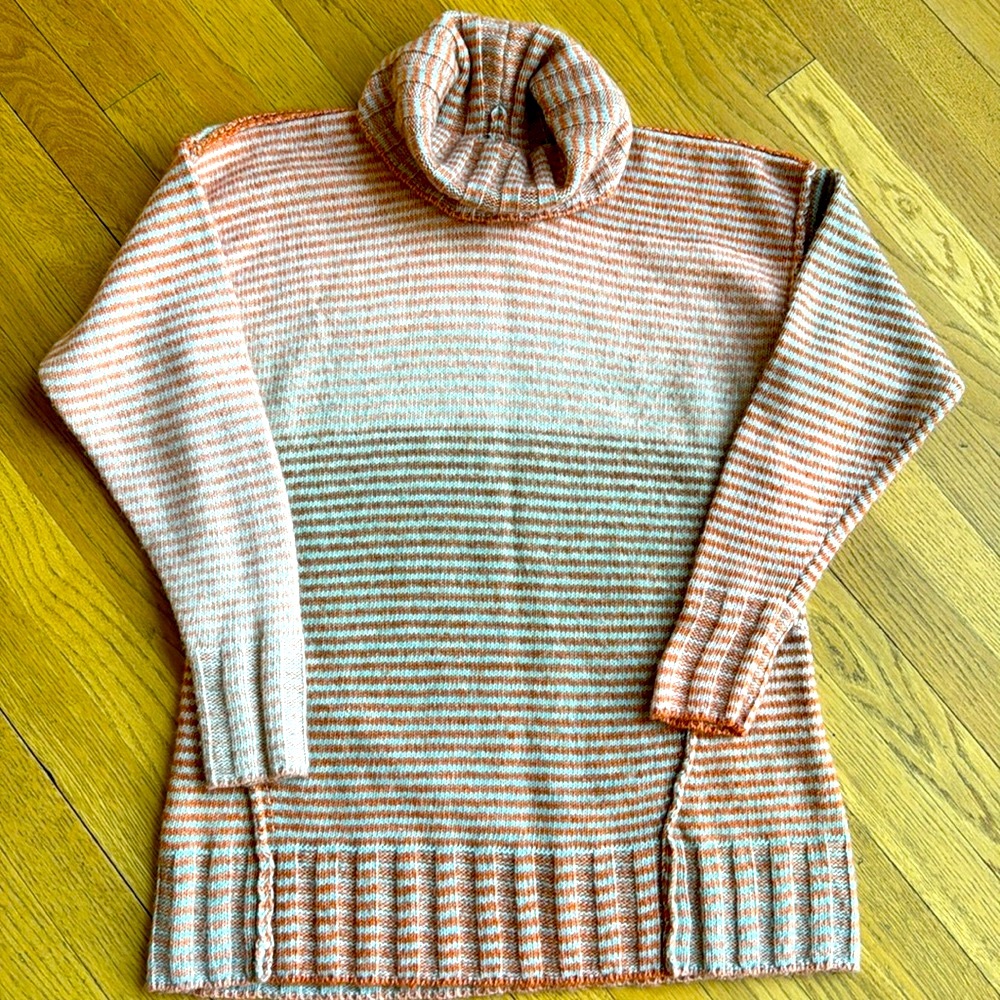 CAbi Striped Cowl Neck Sweater in Cream and Orange